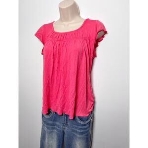 Flamingo Pink Flowy Blouse Ruffle Cap Sleeves Resortwear Beach Y2K